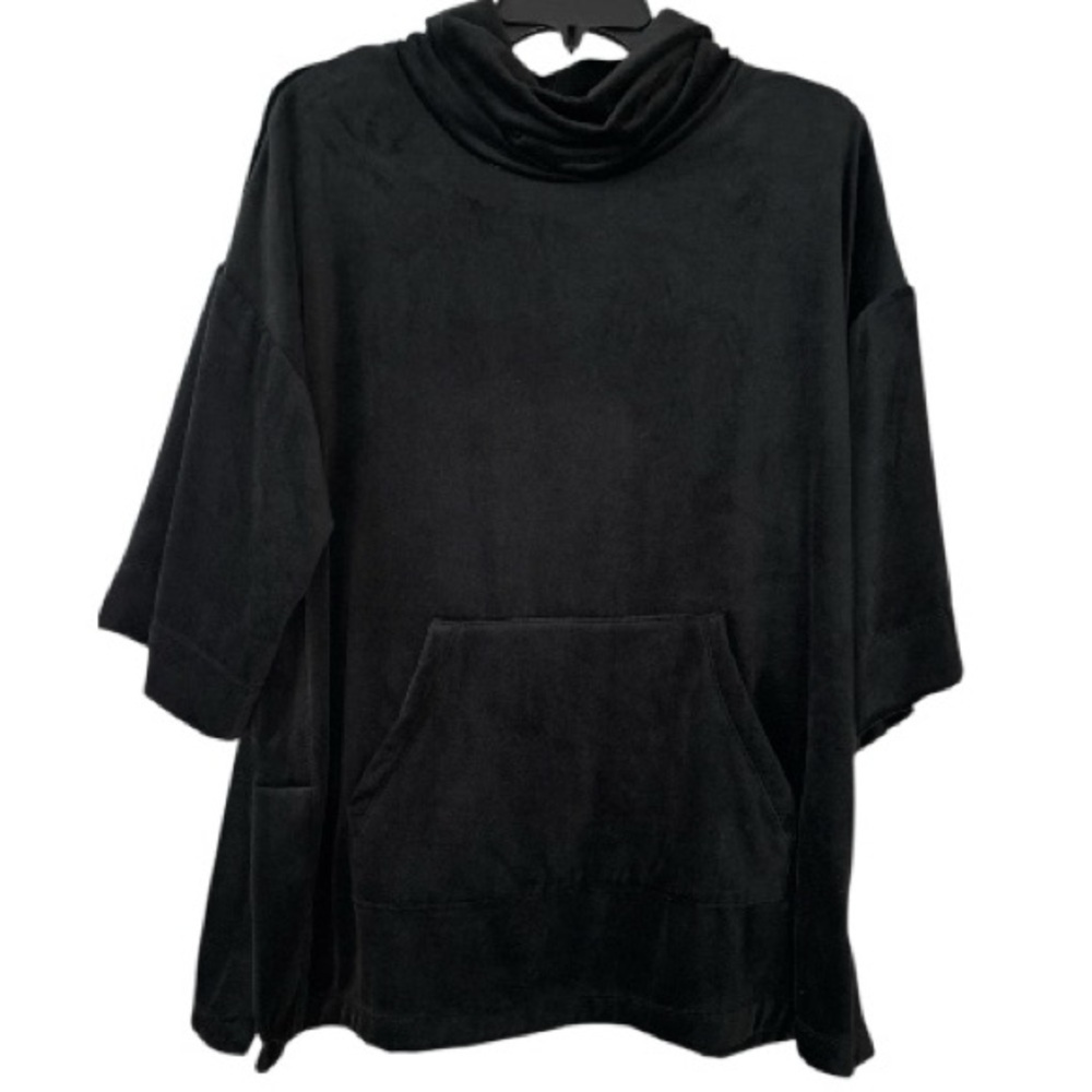 DONNA KARAN black velour sleepwear top, sz M /L, cowl turtleneck, raglan sleeves